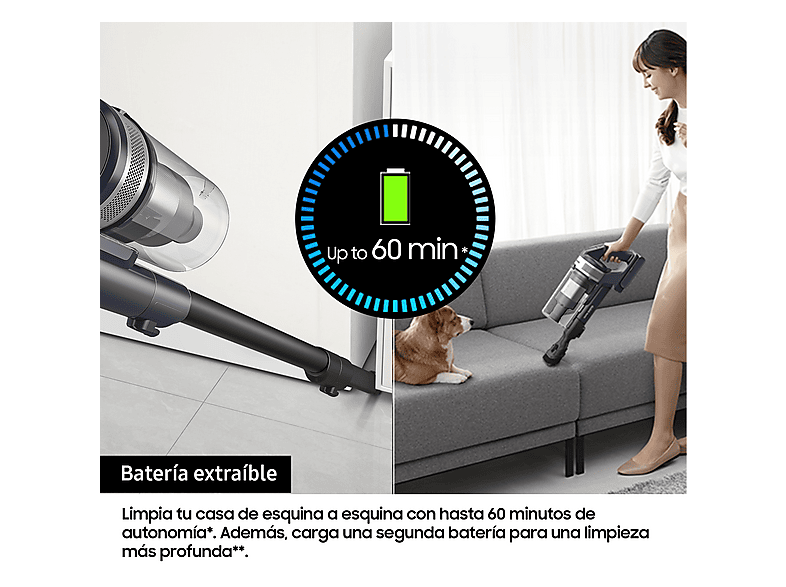 Aspirador escoba - Samsung VS15A60AGR5/WA Jet 65 Pet, 150 WA, Digital Inverter, 40 min, Sin cable, Silver — foto 5