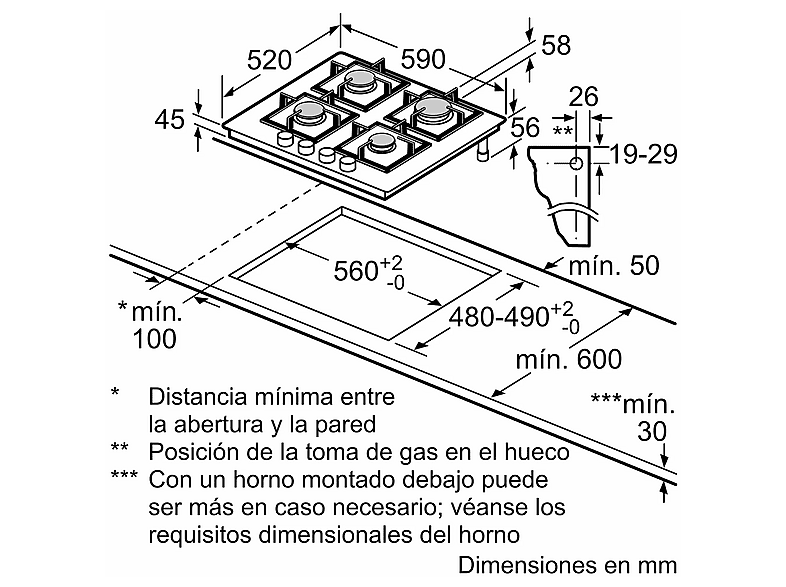 Placa de gas - Bosch PPP6A6I10, 4 zonas, 26 cm Zona grande, Gas natural, 59 cm, Negro — foto 2