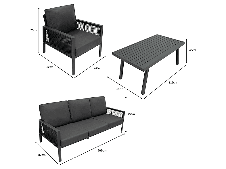 Conjunto de jardín - Monster De aluminio 5 plazas (4 piezas) - Gris Antracita, 201 cm x 82 cm x 75 cm — foto 5