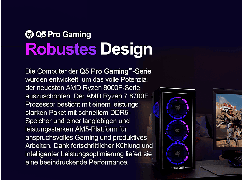 Pack PC Gaming - Beastcom Q5 Pro Gaming, AMD Ryzen™ 7 8700F, 16 GB RAM, 1 TB SSD, GeForce RTX™ 3050, Windows 11 Home, Monitor 27 " Full-HD, Negro — foto 6