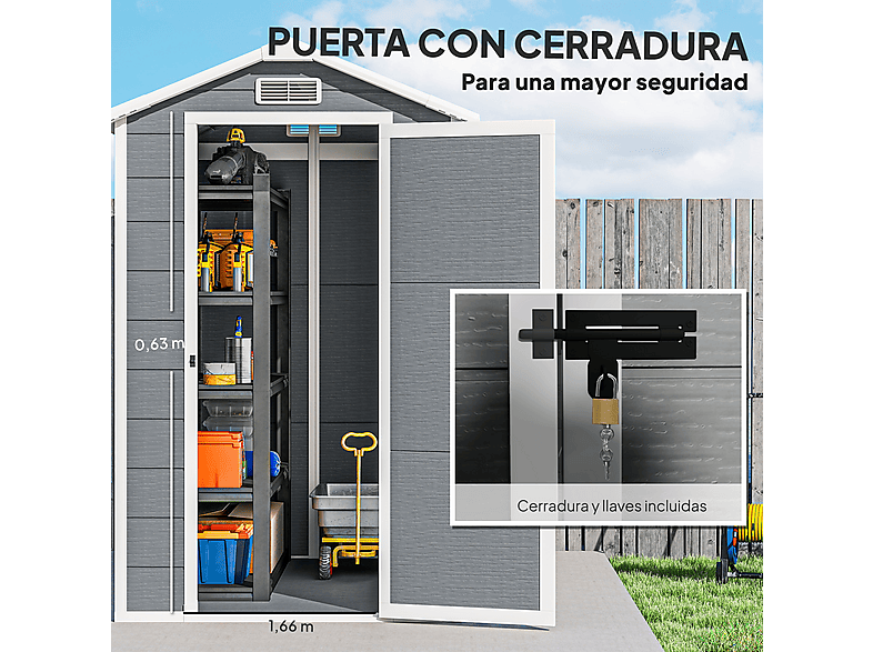 Caseta de Jardín - Outsunny 84H-157V00GY, 131 cm x 186 cm x 198 cm, PP, Aluminio, Gris — foto 8