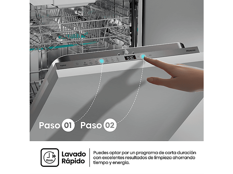 Lavavajillas integrable - Hisense HV16D5, 16 servicios, 6 programas, 59.8 cm, Cestas flexibles, Tres programas, Sin Panelar — foto 7