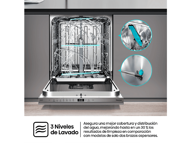 Lavavajillas integrable - Hisense HV16D5, 16 servicios, 6 programas, 59.8 cm, Cestas flexibles, Tres programas, Sin Panelar — foto 8