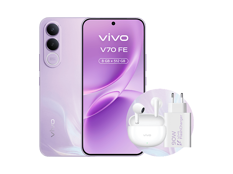 Móvil - Vivo Bundle V70 FE, Muse Purple, 512GB, 8GB RAM, 6.83" AMOLED, Dimensity 7360-Turbo, 7000 mAh