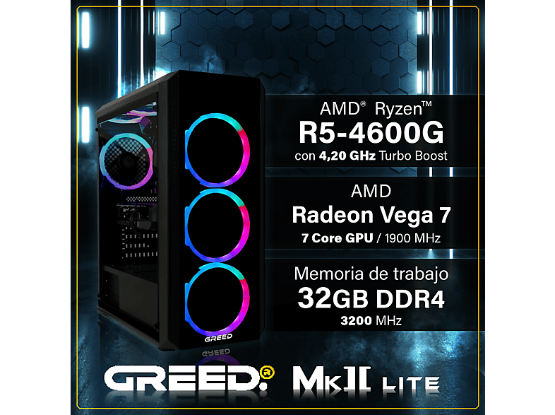 PC Gaming - Greed MK2 AMD Lite | Gaming Ordenador / Computer, AMD Ryzen 5, 32 GB RAM, 512 GB SSD, Radeon™ RX Vega 7, Windows 11 Pro, Negro — foto 3