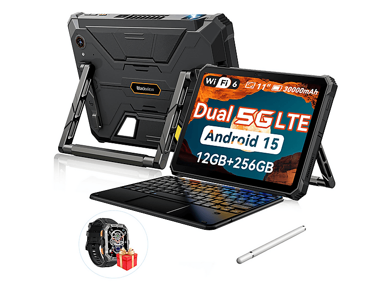 Tablet - Blackview Active 12 PRO 5G Con Teclado (Inglés QWERTY), 256 GB, Negro, 11 " Full-HD+, 12 GB RAM, MediaTek Dimensity 7300 (Ocho núcleos)