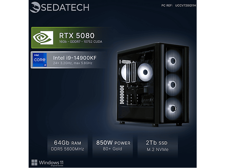 PC Gaming - Sedatech UCCV720I2I1HF, Intel i9-14900KF 24x 3.2Ghz (max 5.8Ghz), 64 GB RAM, 2000 GB SSD, GeForce RTX™ 5080, Windows 11 Home, Negro — foto 2