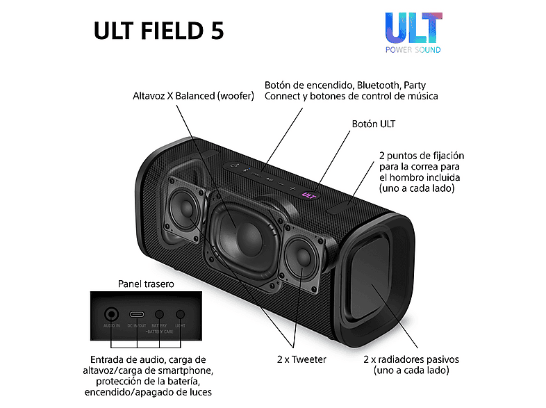 Altavoz inalámbrico - Sony ULT FIELD 5 (SRSULT50W), Bluetooth portátil, ULT POWER SOUND, 25 h, IP67, Resistente al agua, Correa, Con luces, Blanco — foto 11