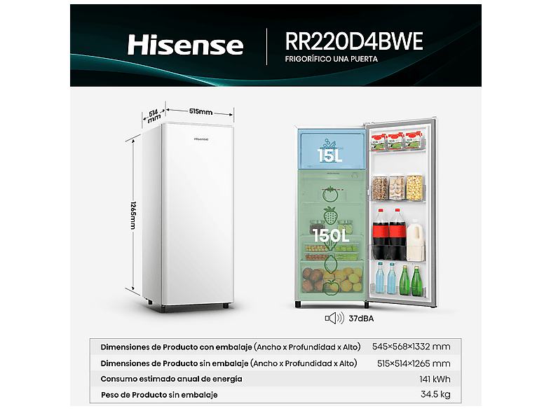Frigorífico una puerta - Hisense RR220D4BWE, Cíclico, 126.5 cm, 165 L, Balconera XXL, Cajón frutas y verduras, Blanco — foto 3